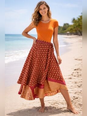 Tree of Life Red/ Gold Printed Maxi  2 Layered Wrap Skirt